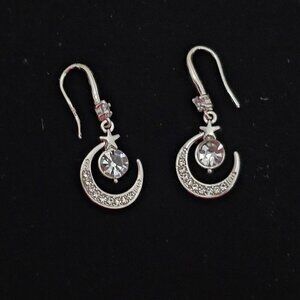 Silver Tone New Star Moon White Sapphire Dangle Earrings